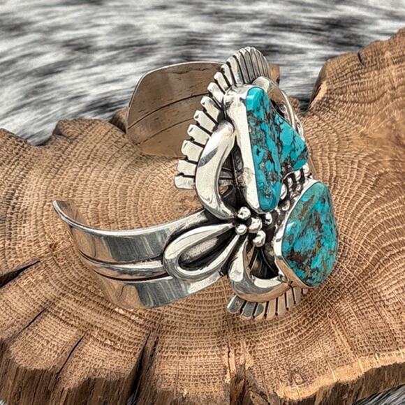 1980s ROBERT KELLY Sterling Silver & Turquoise Cuff Bracelet Fans Fancy Loops - Picture 4 of 6